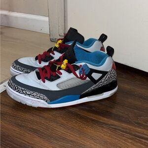 Kids Jordan-Style White, Gray & Blue Sneakers with Red Accents